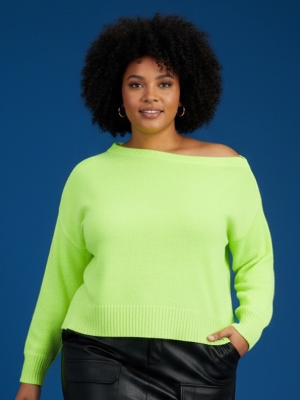 Bar III Neon Lime Off-Shoulder Pullover Sweater